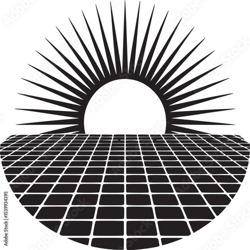 Black and white graphic of a sun rising over a grid pattern in a circular design on a white background
