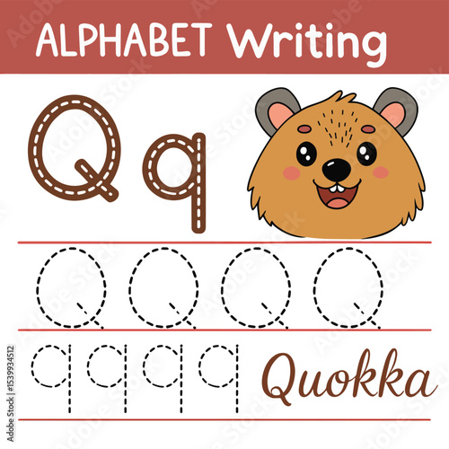 Educational Alphabet Writing Page Featuring Letter Q and Quokka Illustration