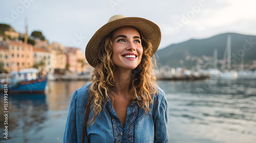 Woman in a summer hat smiling joyfully on a beach vacation, her face reflecting the beauty of the sky and ocean
