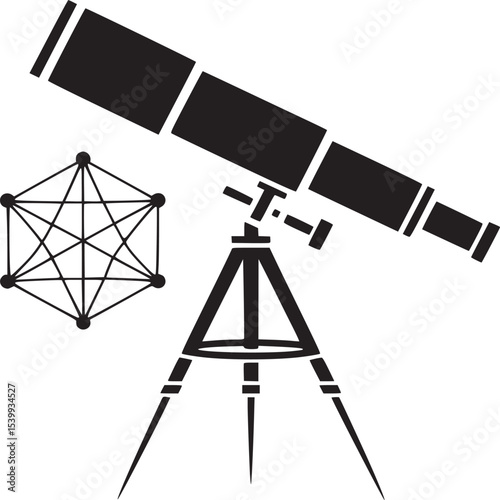 Black silhouette of a telescope on a tripod next to a geometric shape on a white background