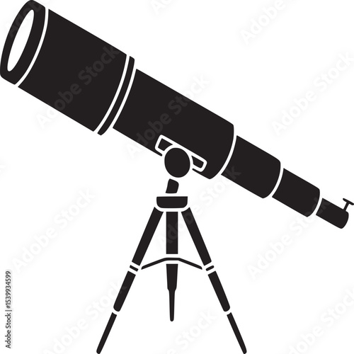 Illustration of a black telescope on a tripod used for astronomy and stargazing on a white background