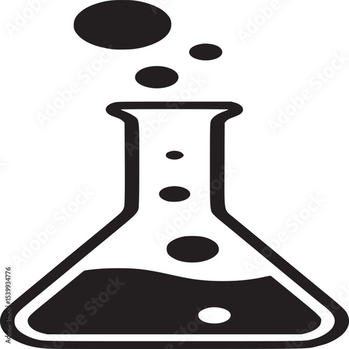 Black and white illustration of a conical flask with liquid and bubbles rising from the flask neck