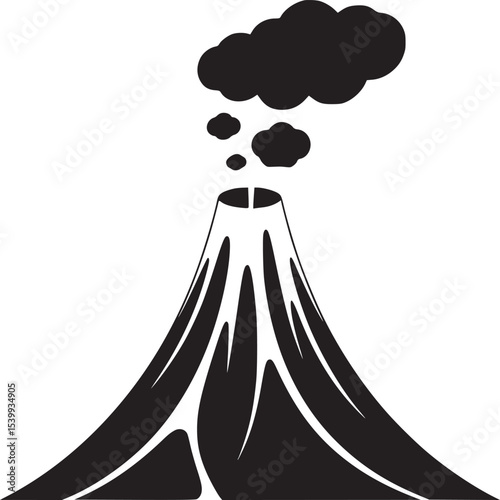 Illustration of a volcano with black smoke billowing from its crater against a white background space