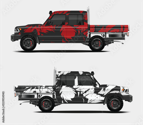 Two Unique Pickup Truck Designs with Abstract Red and Black and White Wraps