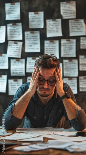 A young man appears quite stressed as he is surrounded by an overwhelming amount of paperwork and sticky notes
