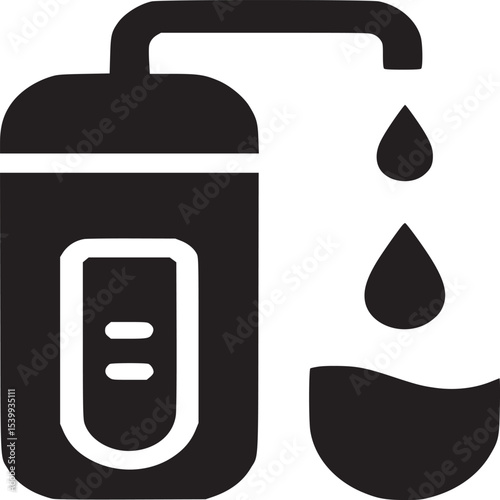 Illustration of a black water filter with dripping water and a small window on a white background