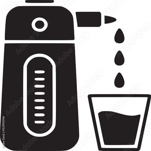 Black and white illustration of a water dispenser filling a glass with liquid droplets falling down