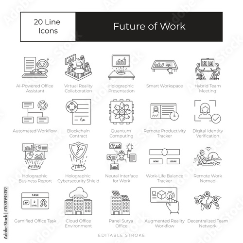 Future of Work. 20 futuristic icons visualizing the next era of digital business.