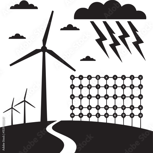 Wind turbines under clouds with lightning and a grid of symbols in black and white design