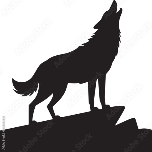 Silhouette of a wolf howling on a rocky outcrop against a white background in a simple illustration