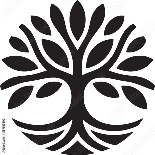 A stylized black tree of life emblem centered on a light beige background with symmetrical branches
