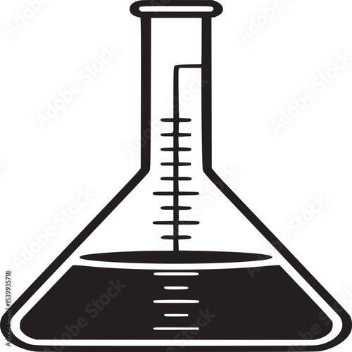 Illustration of a black and white volumetric flask with a liquid and measurement markings shown