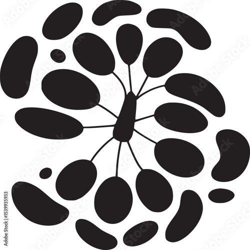 Abstract black shapes radiating from a central point on a light background forming a circular design