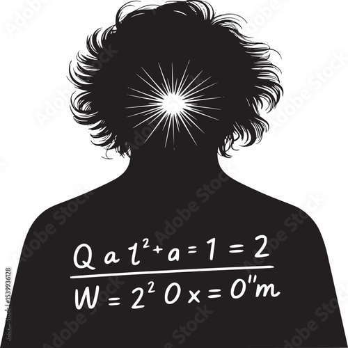Silhouette of a person with math equation and bright light in the head on a gray background
