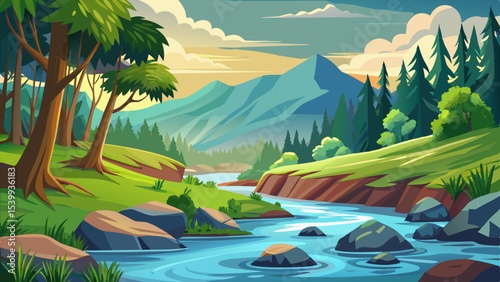 A serene view of a river closely flowing over rocks, with green grasses on the banks near a lush forest Very beautiful