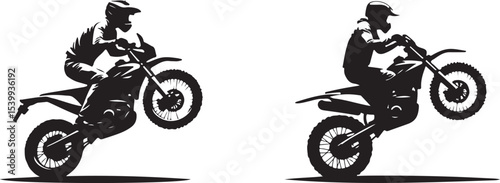 2 Young man on sports motor bike performs tricks silhouette
