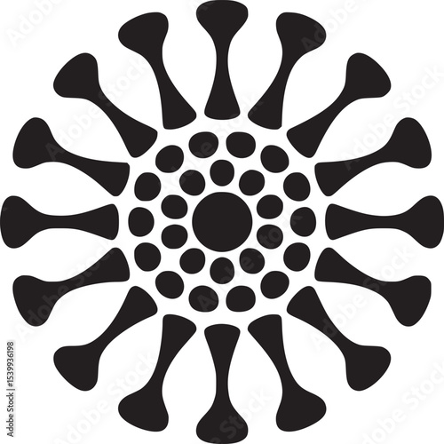 A black and white graphic design of a circular shape with projections and inner circle of dots