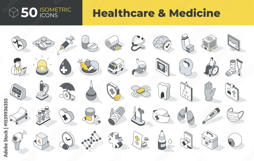 Isometric icon set illustrating healthcare, medical tools, diagnosis, treatment, emergency, and patient care. Ideal for apps, dashboards, infographics, and health-related content