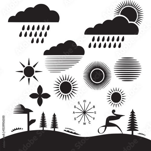 Weather symbols with clouds sun rain trees and abstract shapes in black and white graphic design style