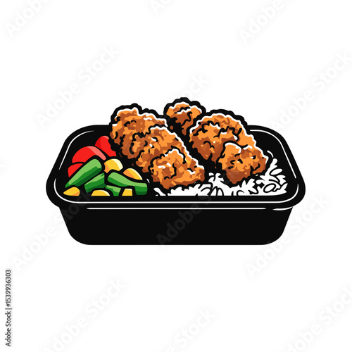 Vector Illustration Of A Bento Box With Karaage Fried Chicken Rice And Vegetable Garnishes On Yellow Background