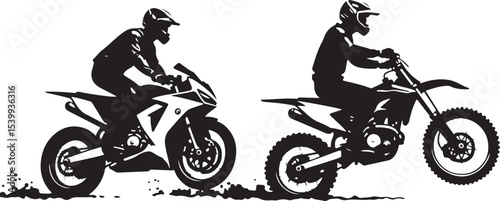 2 Young man on sports motor bike performs tricks silhouette