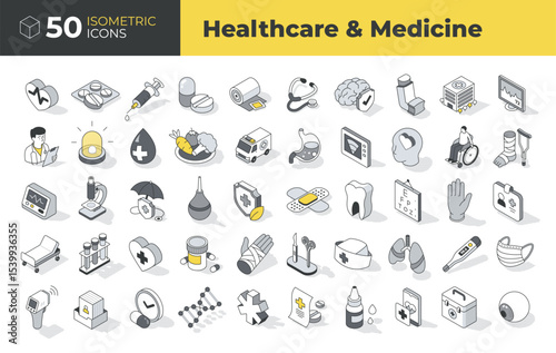 Isometric icon set illustrating healthcare, medical tools, diagnosis, treatment, emergency, and patient care. Ideal for apps, dashboards, infographics, and health-related content