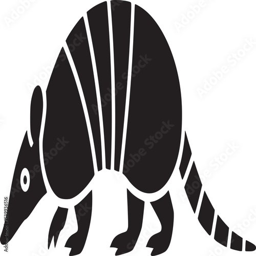 Isolated black silhouette of an armadillo with a segmented tail on a plain white background image