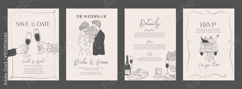 Collection of Wedding Invitation Hand drawn sketch Minimalistic Vector Illustration background template of couple wine and just married car