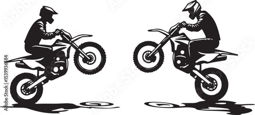 2 Young man on sports motor bike performs tricks silhouette