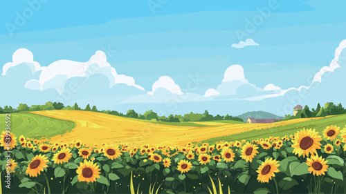 A digital painting or illustration depicting a vibrant landscape dominated by a large field of sunflowers. The sunflowers are in full bloom, displaying bright yellow petals against green foliage.