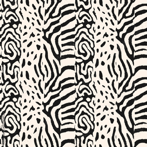 Black and white animal print. Vector seamless pattern. Trendy background with mixed abstract wildlife fur, spots, stripes, organic shapes. Leopard, zebra, tiger, snake skin texture. Repeated design