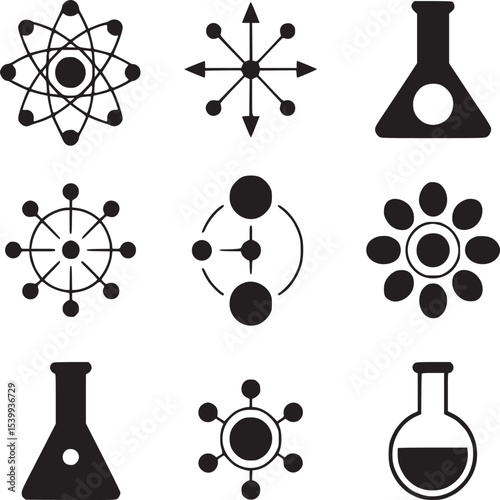 Assorted scientific and abstract black and white icons arranged in a grid on a white background