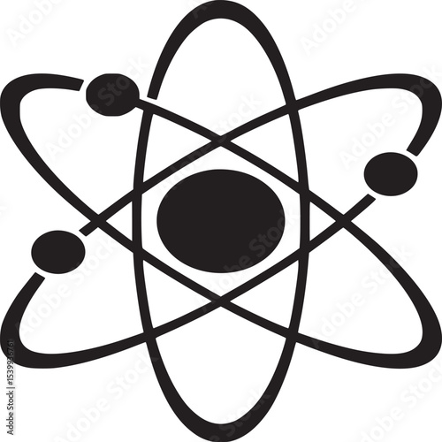 Black and white atom model illustration with electrons orbiting the nucleus in a circular pattern