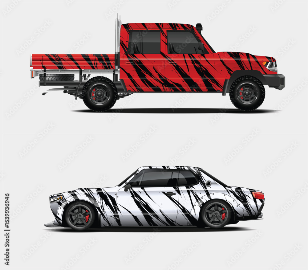 Naklejka premium Red and White Abstract Car and Truck Wrap Designs