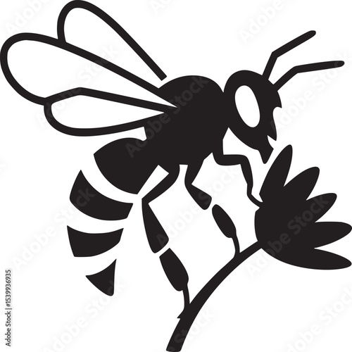 A black silhouette of a bee with striped abdomen perched on a flower with several petals in bloom