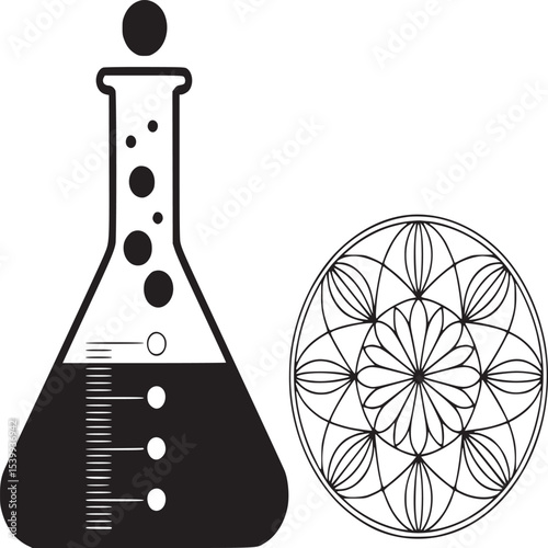 Black and white illustration of a flask with liquid and bubbles next to a geometric mandala design