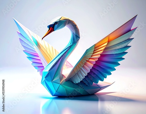 Origami swan unfolding into holographic wings. Colorful origami swan with elegant wings.
