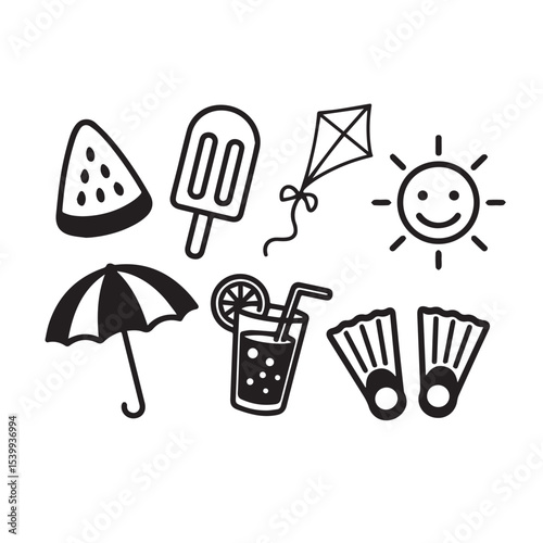 Playful Summer Fun Doodle Set – Watermelon, Popsicle, Kite, Bicycle – Bold Teal Line Art for Kids' T-Shirts & Summer Camp Designs