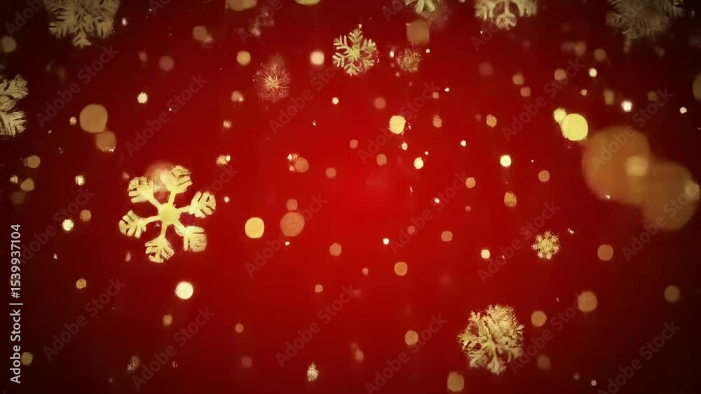 Magical Christmas Winter background featuring sparkling golden snowflakes and festive red bokeh lights, ideal for the holiday season.