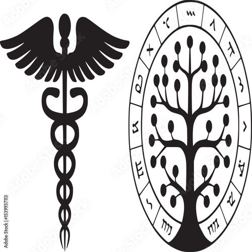 Isolated caduceus medical symbol next to a tree of life with astrological symbols in black and white