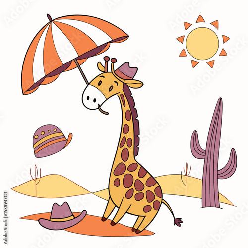 Vector illustration of a Gentle Giraffe with under an umbrella, styled in a Desert sunset theme using Sundown Glow colors