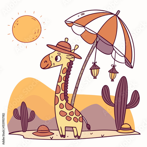 Vector illustration of a Gentle Giraffe with under an umbrella, styled in a Desert sunset theme using Sundown Glow colors