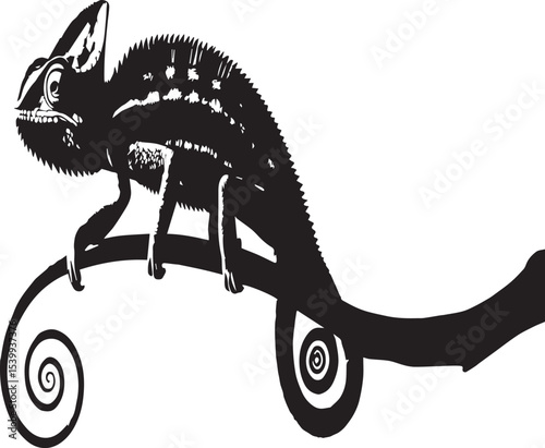 Black and White Chameleon Silhouette on Curled Branch – Vector Illustration

