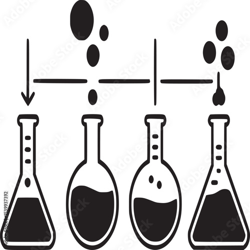 Four flasks connected by lines with bubbles and liquid in a black and white science illustration