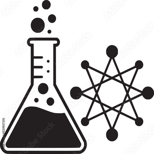 Black and white illustration of a flask with liquid and bubbles next to a molecule structure icon