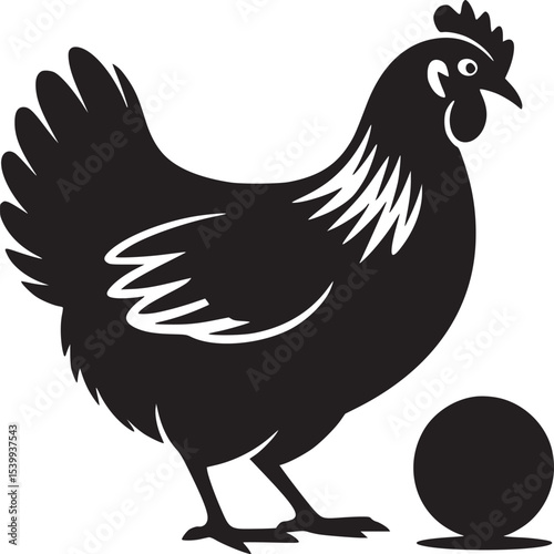 Silhouette of a chicken standing next to a black ball on a white background in a simple illustration
