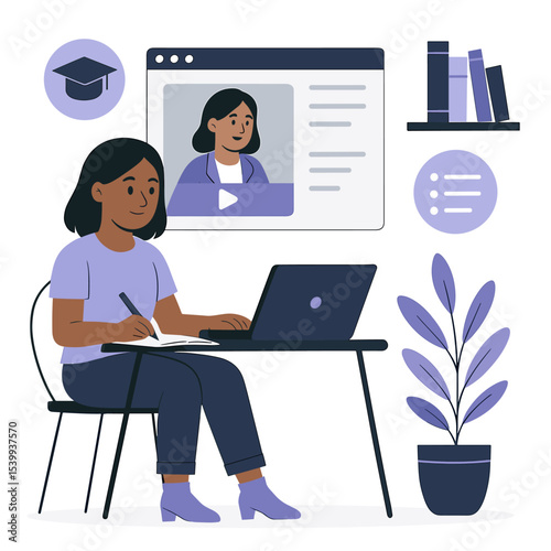 Flat-style vector Illustration e-learning concept with woman interacting with course video and completed course status in digital interface