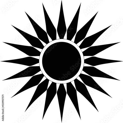 A modern artistic sun with bold, spiky rays and a graphic, high-contrast monochrome style.
