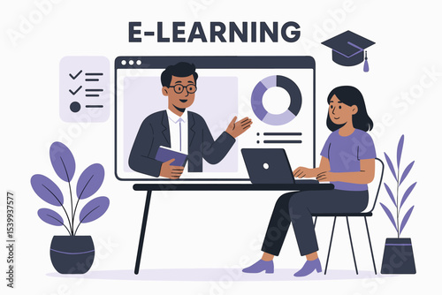 Flat-style vector Illustration e-learning concept with woman interacting with course video and completed course status in digital interface