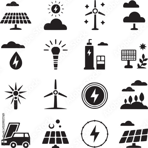Collection of black and white alternative energy icons including solar and wind power sources shown